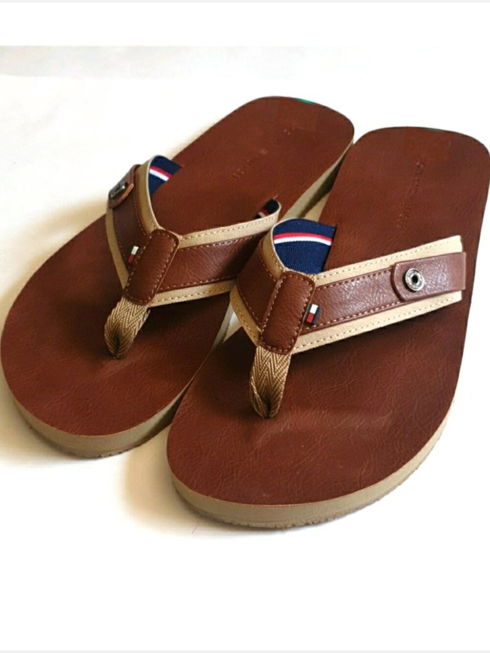 TOMMY HILFIGER Drew Brown Faux Leather Flag Sandals Flip Flops Men US 10.5
